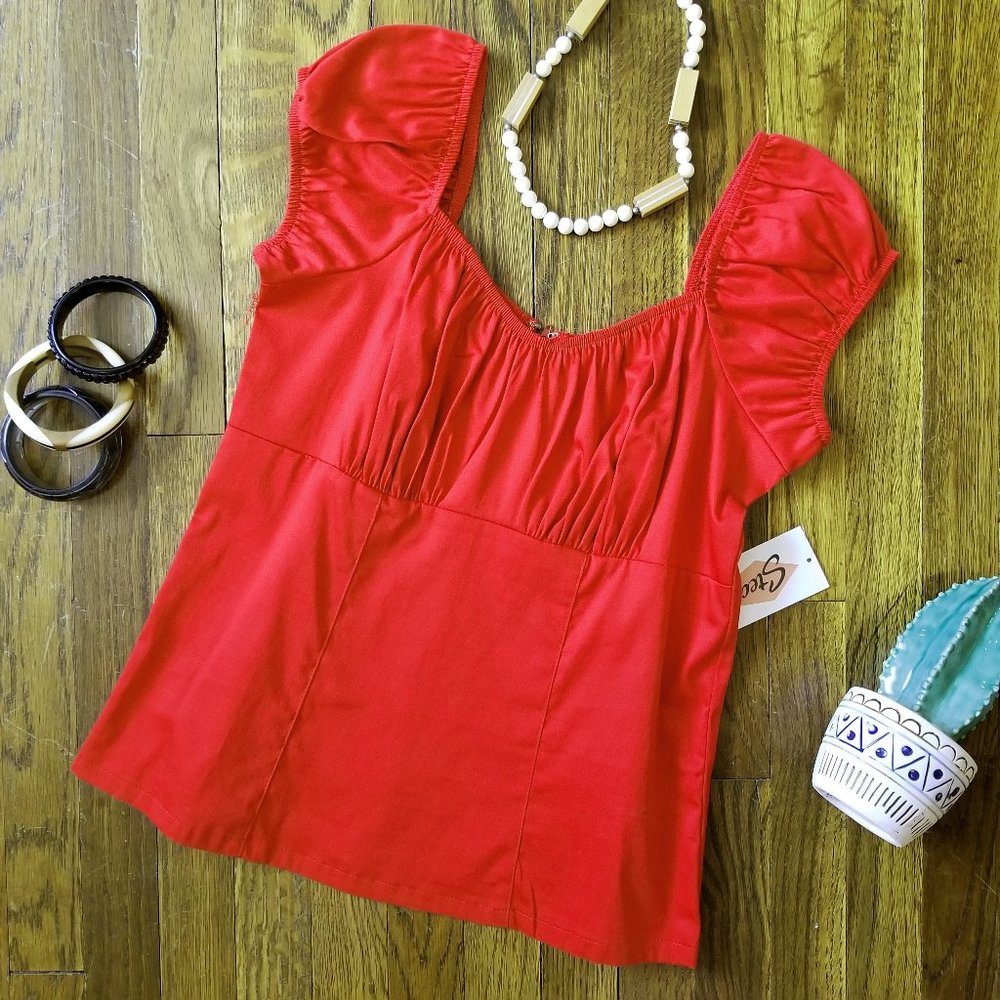 NWT 1X RockSteady Red Gathered Retro Rockabilly Peasant Top, plus size